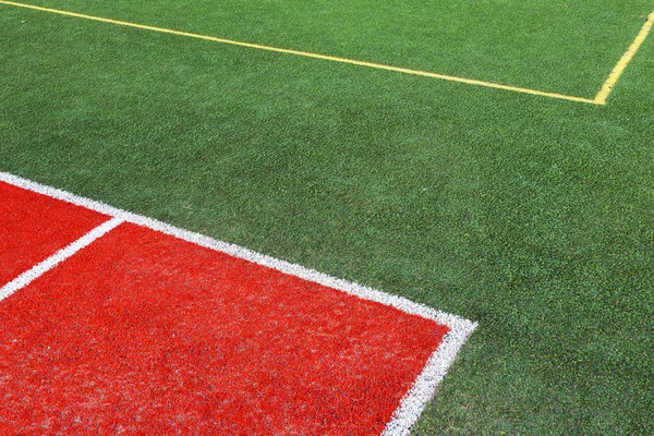 Teil Des Leeren Gebrauchten Roten Tennisplatzes Spielfläche Mit Weißen Linien — Stockfoto