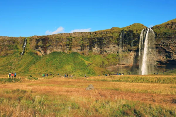 Seljalandfoss Vízesés Napsütéses Őszi Napon Izland Európa Híres Turisztikai Attrakció — Stock Fotó