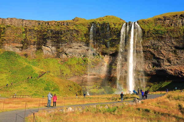 Seljalandfoss Waterfall Sunny Autumn Day Iceland Europe Famous Tourist Attraction — Stockfoto