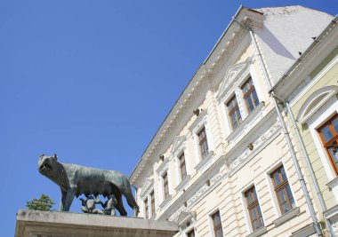 Romulus ve Remus 'un heykeli, Roma' nın kuruluşu efsanesinden esinlenen bronz ikonik bir heykel olan Capitoline Wolf 'un kopyası, Cluj Napoca, Romanya, Avrupa