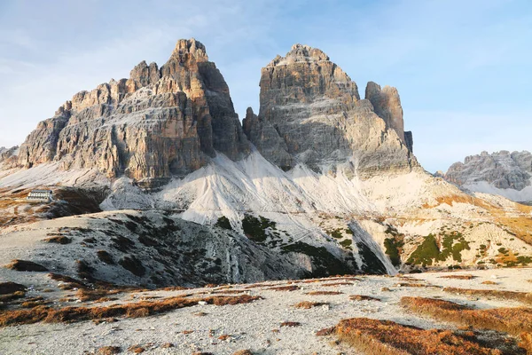 Tre Cime Three Peaks Lavaredo Drei Zinnen Három Leghíresebb Csúcsa — Stock Fotó