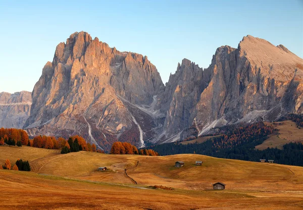 Jesienny Wschód Słońca Żółtymi Modrzewiami Alpe Siusi Dolomity Włochy Europa — Zdjęcie stockowe