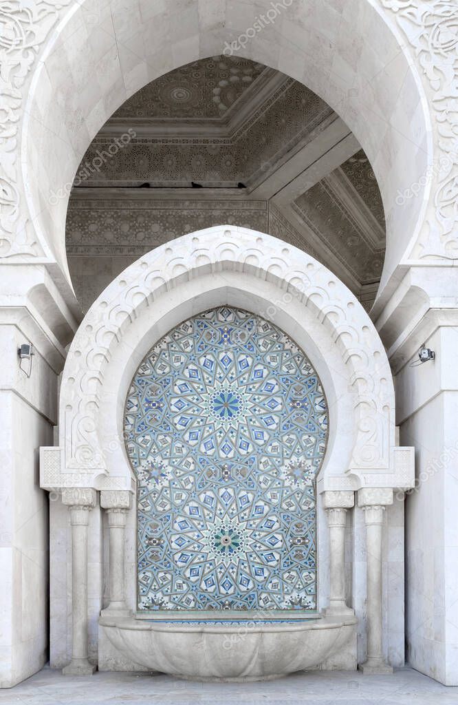 Architectural detail of the The Hassan II Mosque, Casablanca. It is the largest mosque in Morocco and the third largest mosque in the world