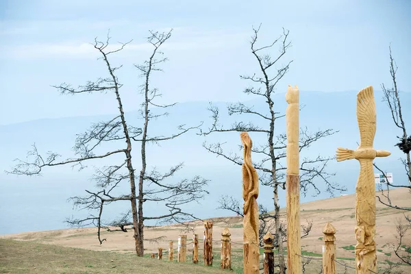 Tótems Chamán Madera Burhan Cape Lago Baikal Federación Rusa —  Fotos de Stock