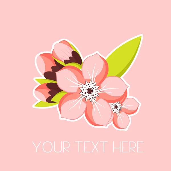 Tarjeta de felicitación con rama de flor de albaricoque. Primavera estacional vector plano ilustración rosa sakura en estilo minimalista — Vector de stock