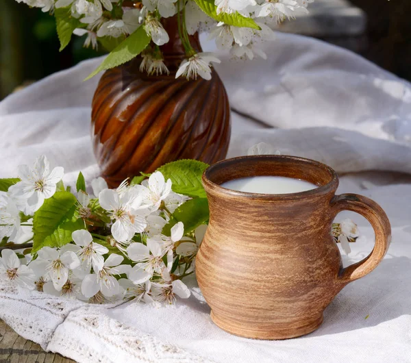 Seramik sürahi bir otantik keten masa örtüsü ve çiçeklenme kiraz dal taze yeni süt ile. Sprng sabah natürmort — Stok fotoğraf