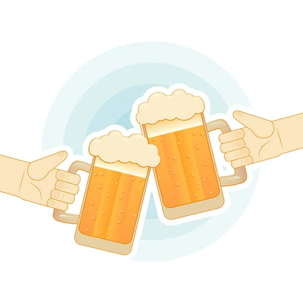 2 人の手はビール ジョッキで乾杯します。イラストのフラット バーやレストランのメニューの広告ポスターなど. — ストックベクタ