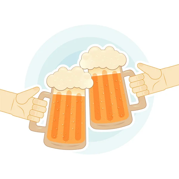 2 人の手はビール ジョッキで乾杯します。イラストのフラット バーやレストランのメニューの広告ポスターなど. — ストックベクタ