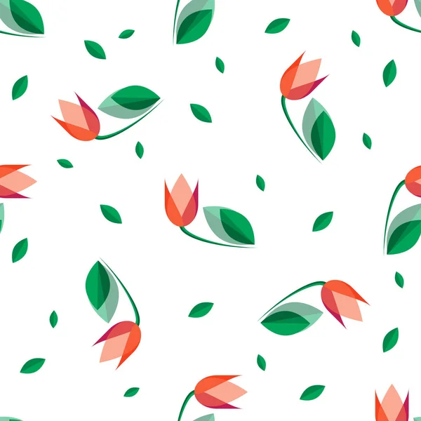 Spring seasonal seamless background of vector tulips and green petals. — Stock Vector