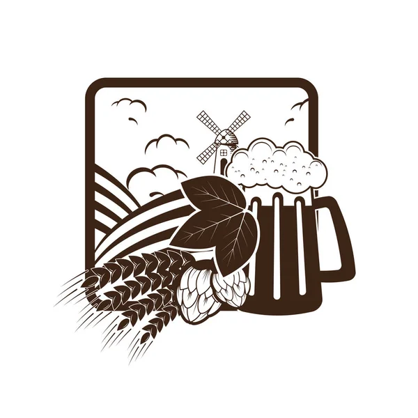 希望コーン、小麦の耳とフィールド風車付きビール ジョッキ。フラット スタイルのベクトル図です。ロゴ、バッジまたはパブのブランドアイデンティティのテンプレート. — ストックベクタ