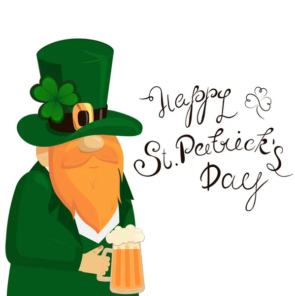 Happy St. Patricks Day lettering com Red Beared Leprechaun Character e trevo trevo. Design de modelo hollyday irlandês . —  Vetores de Stock