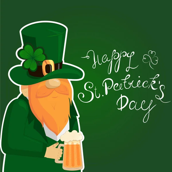 Mutlu St Patricks Günü kırmızı Beared cin karakter ve yonca yonca ile yazı. İrlandalı hollyday şablon tasarımı. — Stok Vektör