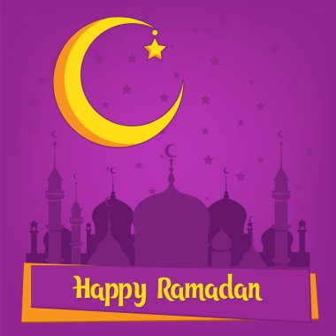 İslam Camii ve hilal ay düz çizimi ile Müslüman tatil tebrik kartı şablonu. Geleneksel Ramazan Kareem ay kutlama.