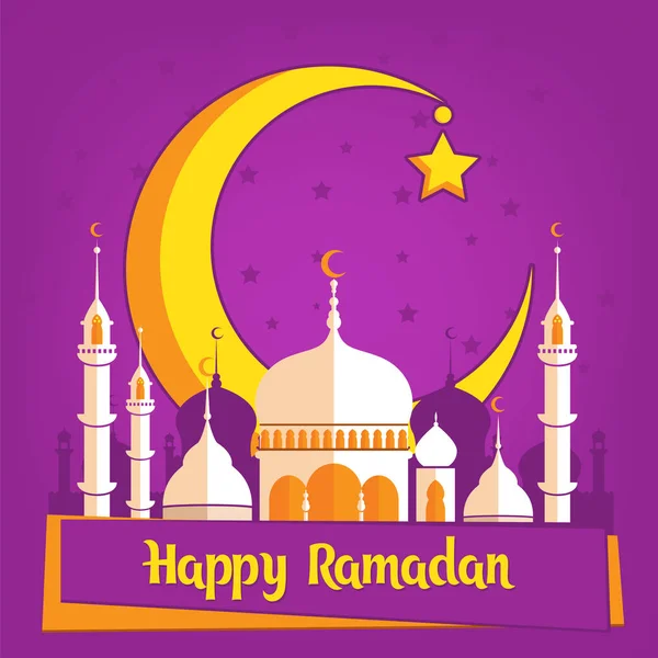 Greeting card template for muslim holiday with flat illustration of islamic mosque and crescent moon. Traditional Ramadan Kareem month celebration. — Stock Vector
