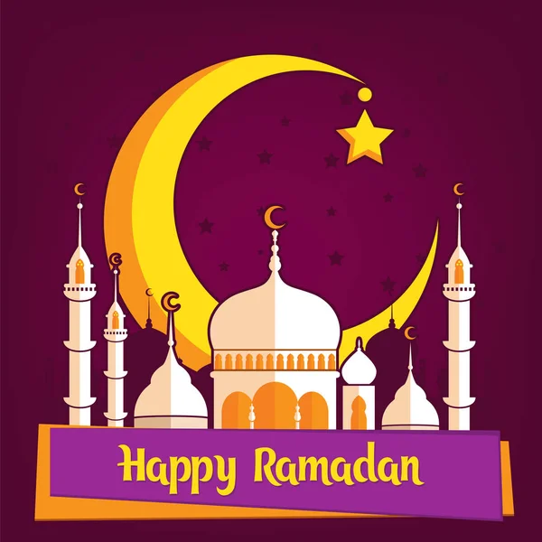 Plantilla de tarjeta de felicitación para vacaciones musulmanas con ilustración plana de mezquita islámica y luna creciente. Fiesta tradicional del mes de Ramadán Kareem . — Vector de stock