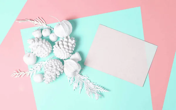 White colored Pine cones, branches, physalis flowers and with empty gift card. Flat lay minimal concept. — Stock Photo, Image