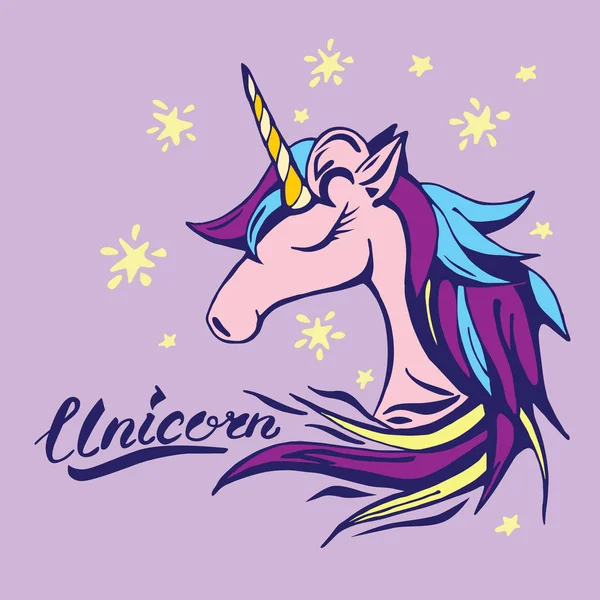 Unicornio texto y carácter en colores románticos — Vector de stock