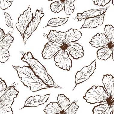Seamless pattern of Hibiscus flower in tattoo style. Black and white, graphic tropical flower clipart