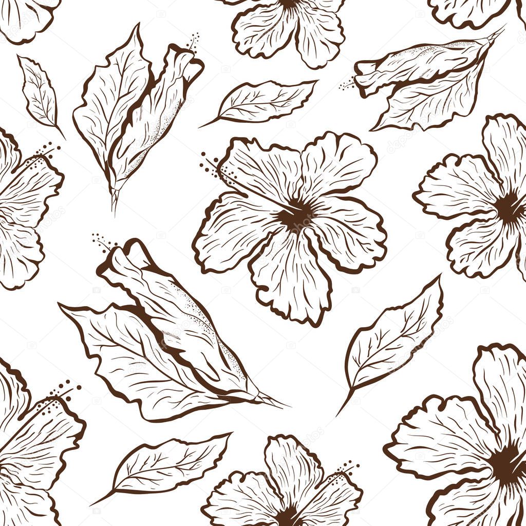 Seamless pattern of Hibiscus flower in tattoo style. Black and white, graphic tropical flower