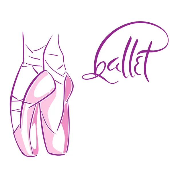 Lettere in vecchio stile disegnate a mano di parola Balletto. Illustrazione vettoriale con ballerini che indossano le gambe a punta . — Vettoriale Stock