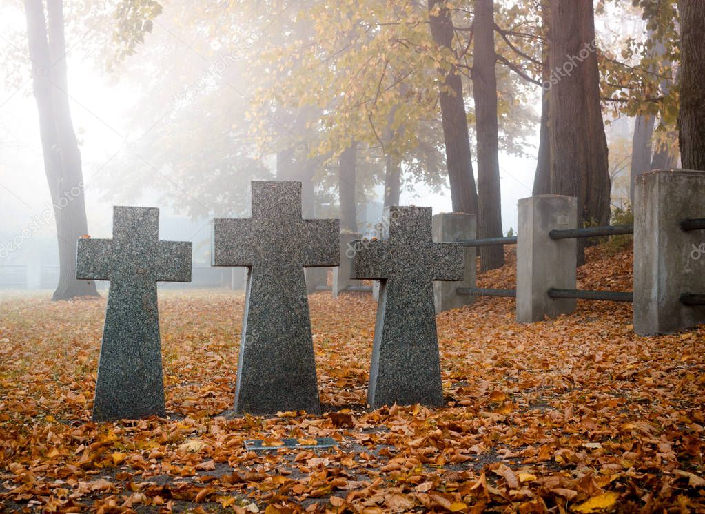 Grey granite crosses on a german soldier tomb. Graves of unknown soldiers on German military cemetery in Kyiv, Ukraine. Autumnal morning scene