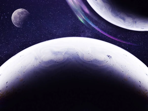Close-up oppervlak van zeepbel lijkt planeet in de ruimte nacht sterrenhemel en maan in een creatieve collage. Creatieve achtergrond. — Stockfoto
