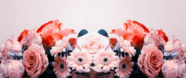 Floral border With Various flowers bouquet. Pink Gerberas and gentle lilac roses close up floral background.