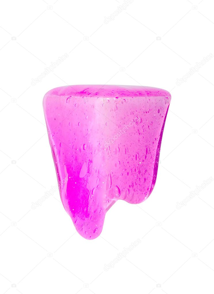 Slime, bright pink toy flows down of white box, against white background.