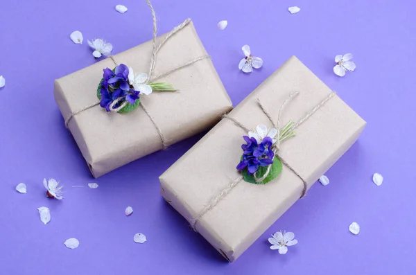 Beautiful gift boxes wrapped in simple brown craft paper decorated with live flowers of violet on a violet background. — Stock Photo, Image