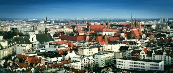 Bird Eye View to Panorama of Wroclaw City, Poland. View from the top of central Tower.