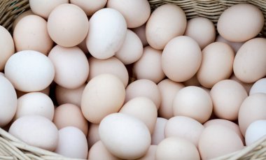 Yumurtalar. Taze tavuk yumurtaları sepette