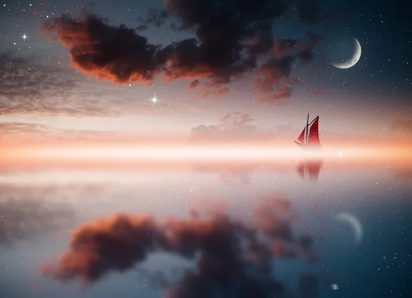 Amazing sunset picture with fluffy clouds, crescent moon and silhouette of yacht against sun rays reflected on the water surface. — Stock Photo, Image