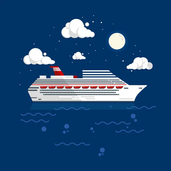 Cruise Liner Flat stílusú vektor illusztráció. Fehér nagy sétahajó sodródik az óceánban éjszaka. — Stock Vector