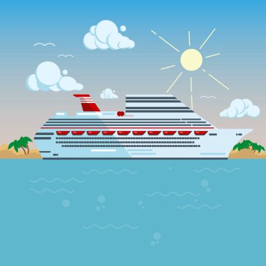 Cruise Liner düz stil vektör çizimi. Beyaz Büyük Gemi, gece vakti okyanusta sürüklenir..