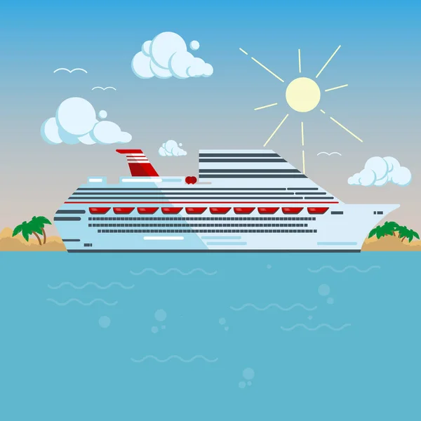 Kreuzfahrtschiff flache Vektor-Illustration. weißes großes Kreuzfahrtschiff treibt nachts im Ozean. — Stockvektor