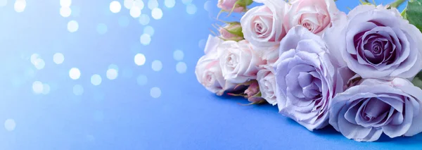 Romantisches Banner mit schönen sanften blauen Rosen auf blauem Hintergrund. Valentinstag Postkarte und Banner Vorlage. — Stockfoto