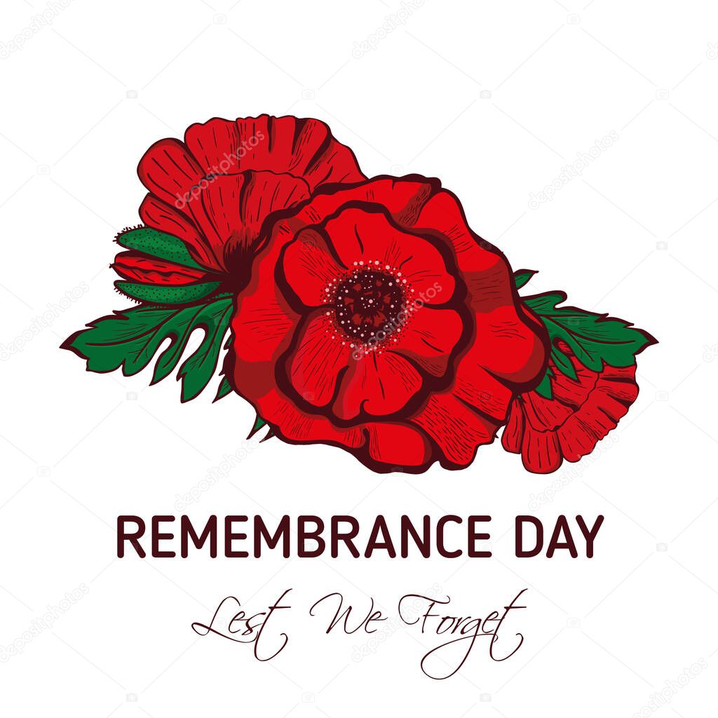 Remembrance poppy and lest we forget the concept banner. Vector illustration with hand-drawn red poppy to Anzac day and May 8th also known as Armistice day.