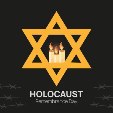 Soykırım Anma Günü 27 Ocak Şablonu. Yahudi Davut Yıldızı ve dikenli tellerin arasında Üç Mum. Vektör illüstrasyonu