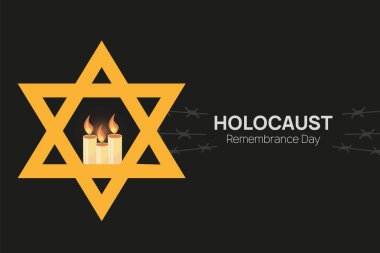 Soykırım Anma Günü 27 Ocak Şablonu. Yahudi Davut Yıldızı ve dikenli tellerin arasında Üç Mum. Vektör illüstrasyonu
