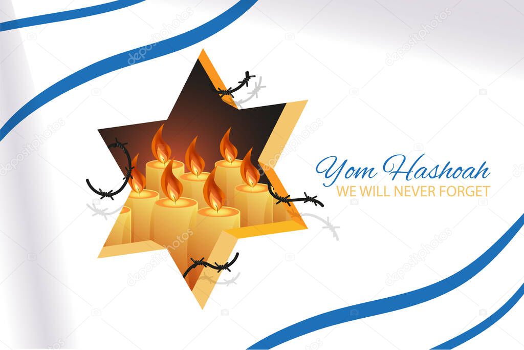 Holocaust Remembrance Day 27th of January Template. Jewish Star of David and Candles behind white backdrop. Vector illustration