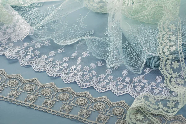 Pile Gentle Guipure Lace Fabric Blue Background — Stock Photo, Image