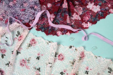 İç çamaşırı, külot ve sutyen için bol renkli parlak dantelli soyut bir arka plan. Hassas, sofistike, büyüleyici, elastik malzeme. Atıcı ve kumaş deposu için kullanılıyor.