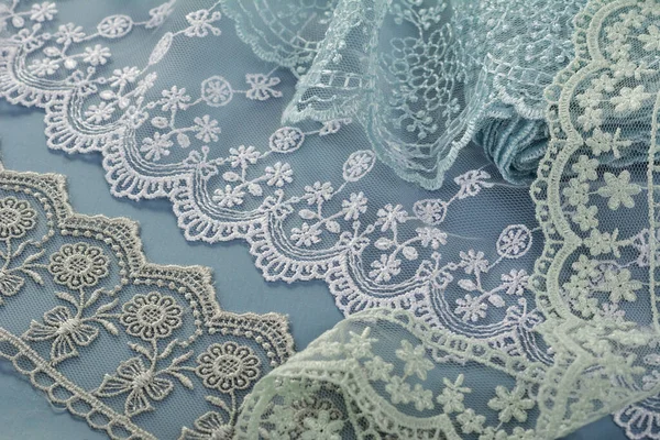 Pile Blue White Gray Gentle Guipure Lace Fabric Blue Background — Stock Photo, Image