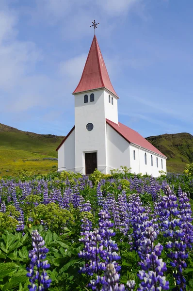 Iglesia del pueblo rural rodeada de verdes montañas y púrpura un — Foto de Stock