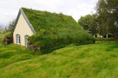 Güney-Doğu Icela güzel çim kilisede Hofskirkja kilisesidir