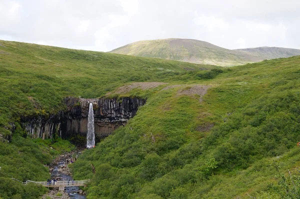 Cascade de Svartifoss entourée de colonnes de lave foncée en Islande — Photo