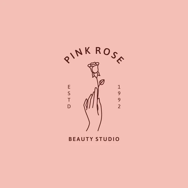Mão e rosa logotipo no estilo linear da moda mínima. Ícone de vetor para beleza Estúdio rosa rosa . —  Vetores de Stock
