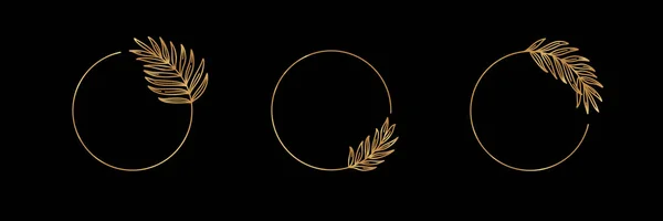 Altın tropikal palmiye yapraklı bir dizi Logo. Yuvarlak çerçeve, modaya uygun, minimal doğrusal tarzda. Palm Branch ile Vektör Amblemi.
