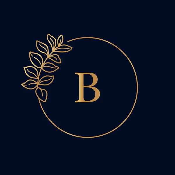 Golden floral frame. Round Icon in trendy minimal linear style. Vector Emblem with letter B and branch of the plant. — Stock Vector