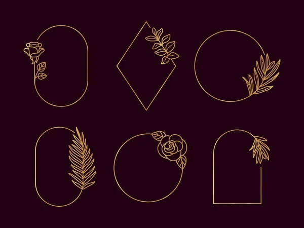 Logo şablonu için Gold Floral çerçeveleri koyu arkaplanda minimal doğrusal stil eğiliminde. Vektör Geometrik Şekiller — Stok Vektör